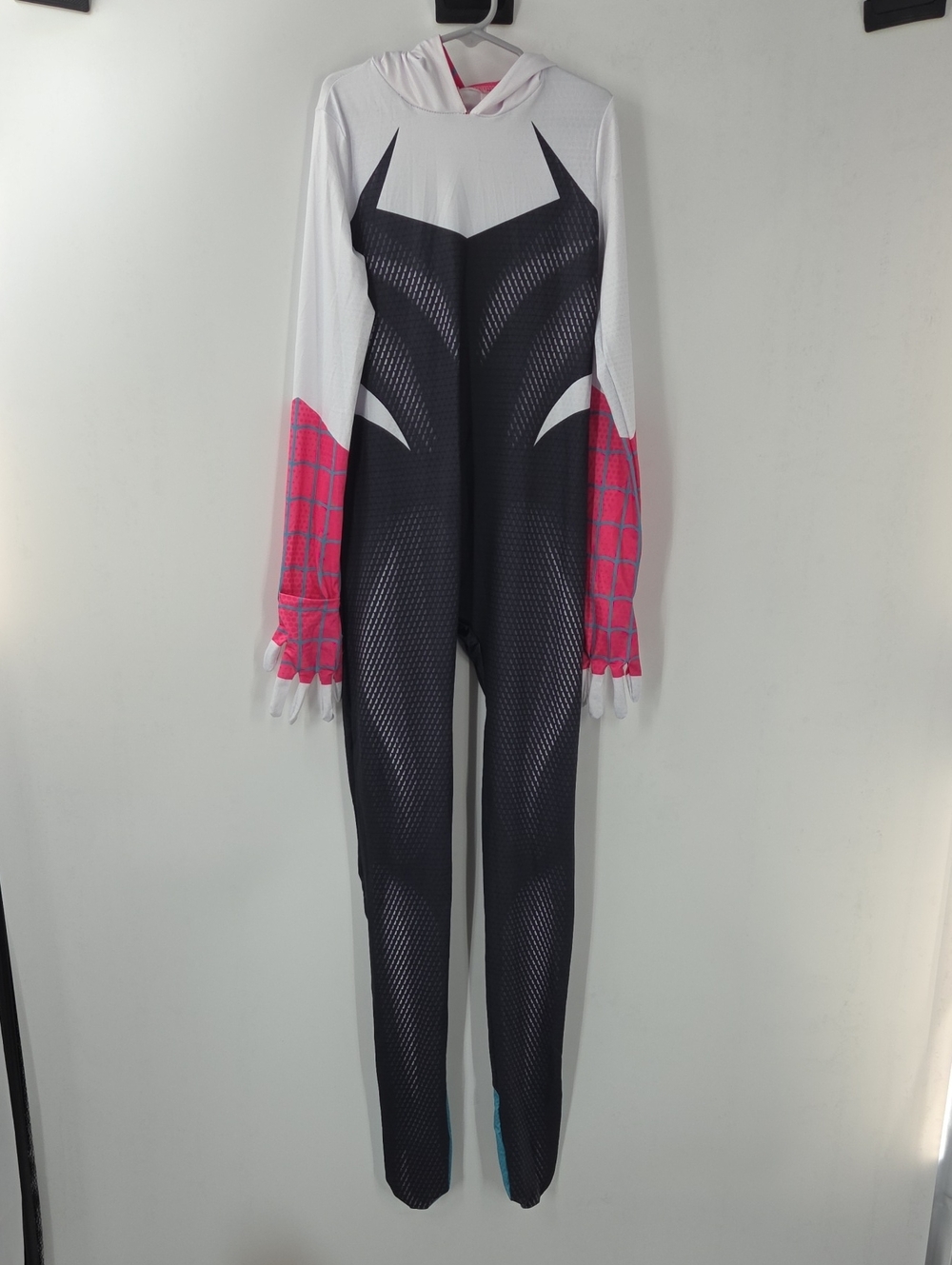 Spider Gwen Kids Superhero Hooded Jumpsuit in White, Black and Pink Size L - Picture 9 of 16